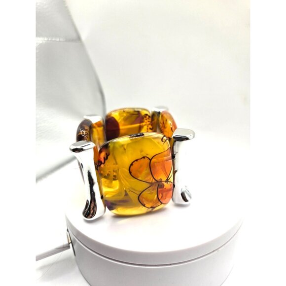 Vintage Butterfly Resin Bracelet Stretch Silver-Tone Bars Bold Statement - Picture 4 of 5